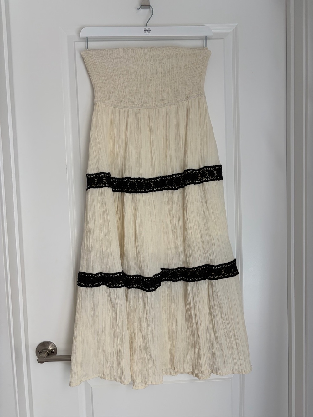 Strapless Cream Maxi Dress with Black Lace Bands